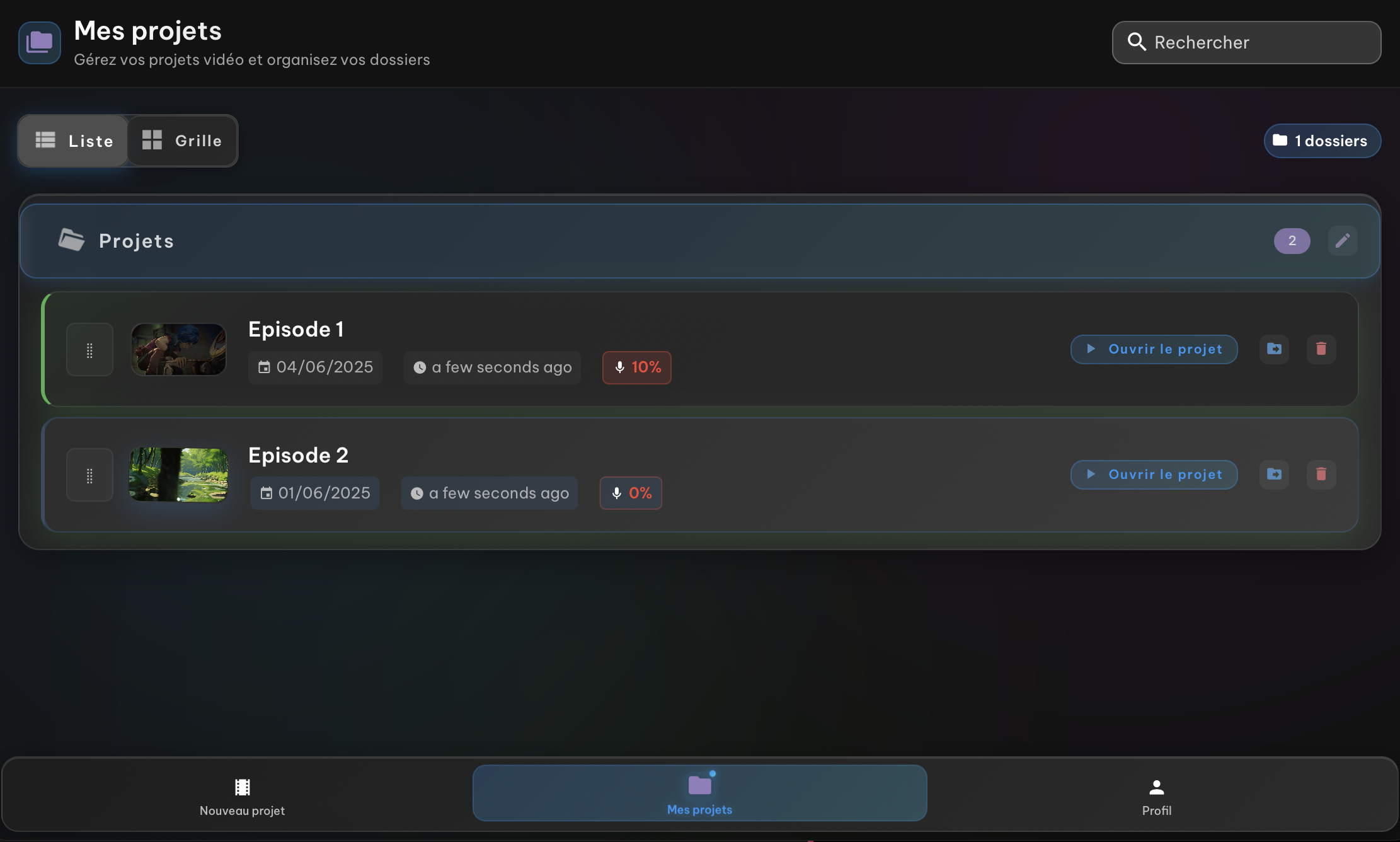 Interface de gestion de projets Voxdub avec suivi du pourcentage de doublage