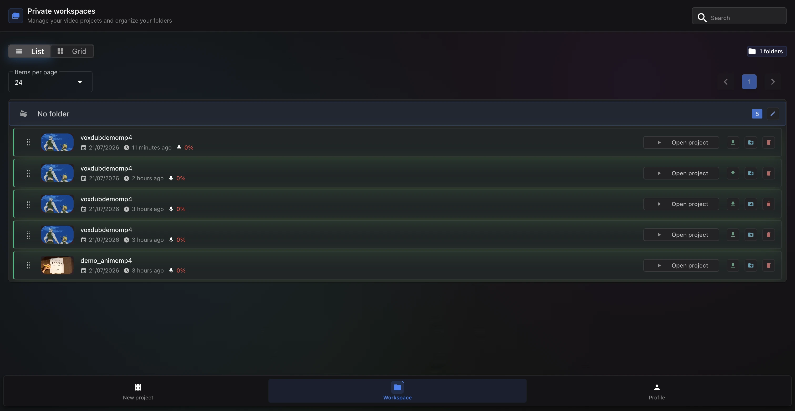 Projects list with search, list/grid toggle and per-project open, export and delete actions
