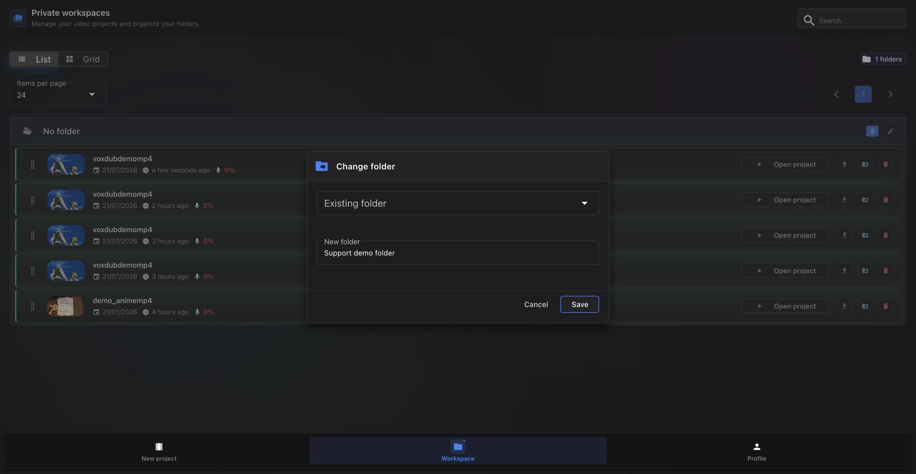 Move-to-folder dialog with the existing folder selector and a new folder field