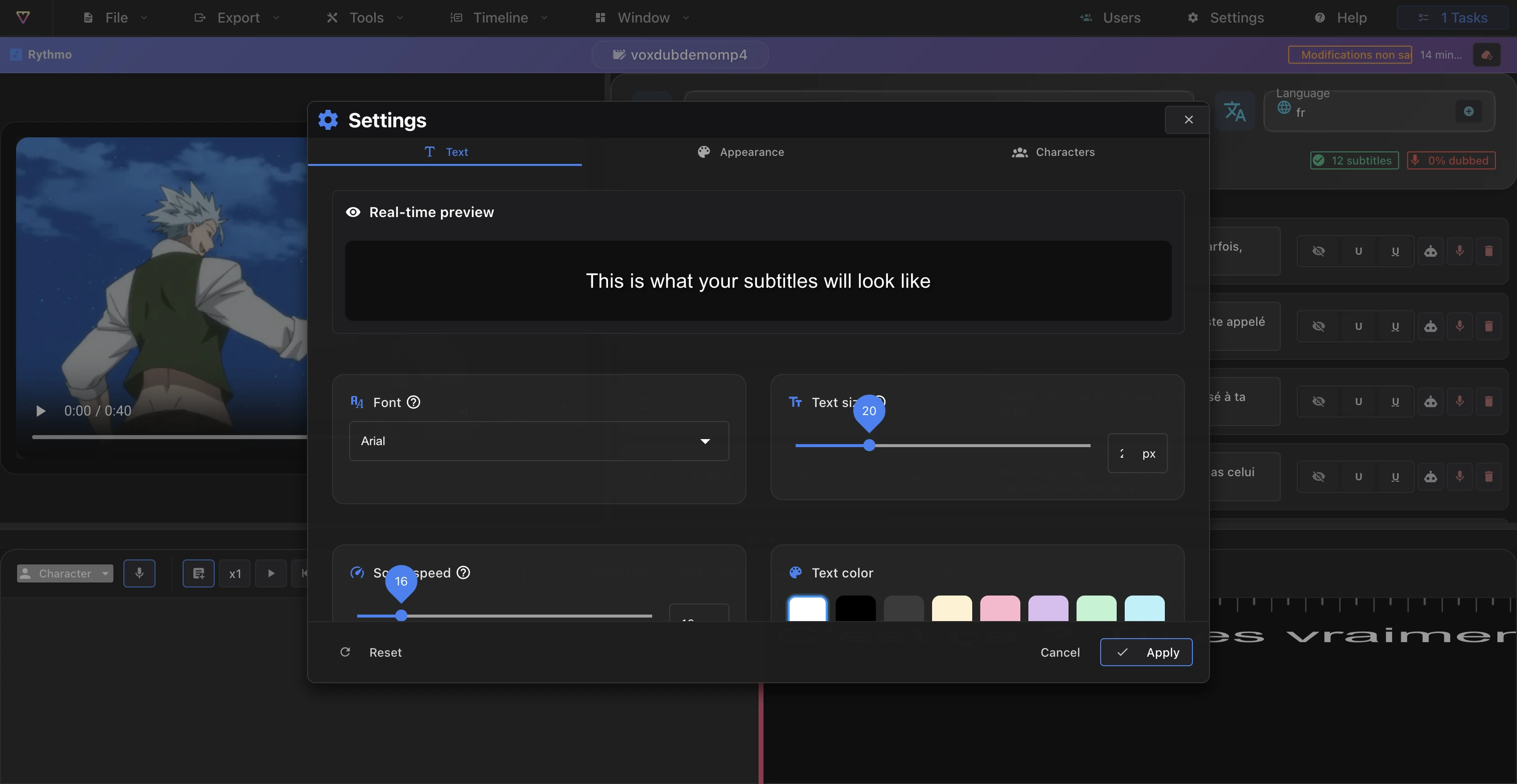 Editor Settings dialog, Text tab, with the live preview, font, text size, scroll speed and text color