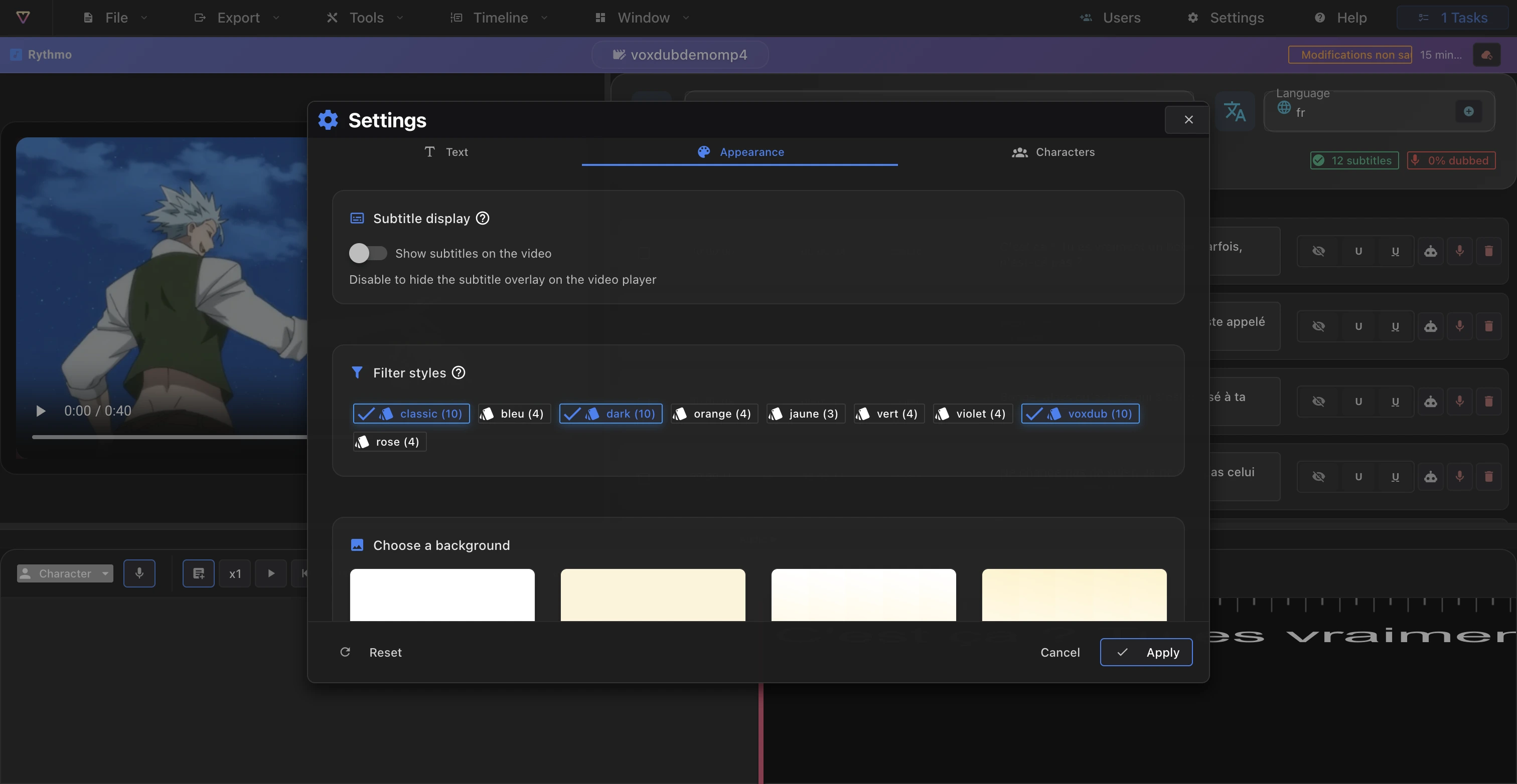 Editor Settings dialog, Appearance tab, with the subtitles-on-video toggle and the background templates