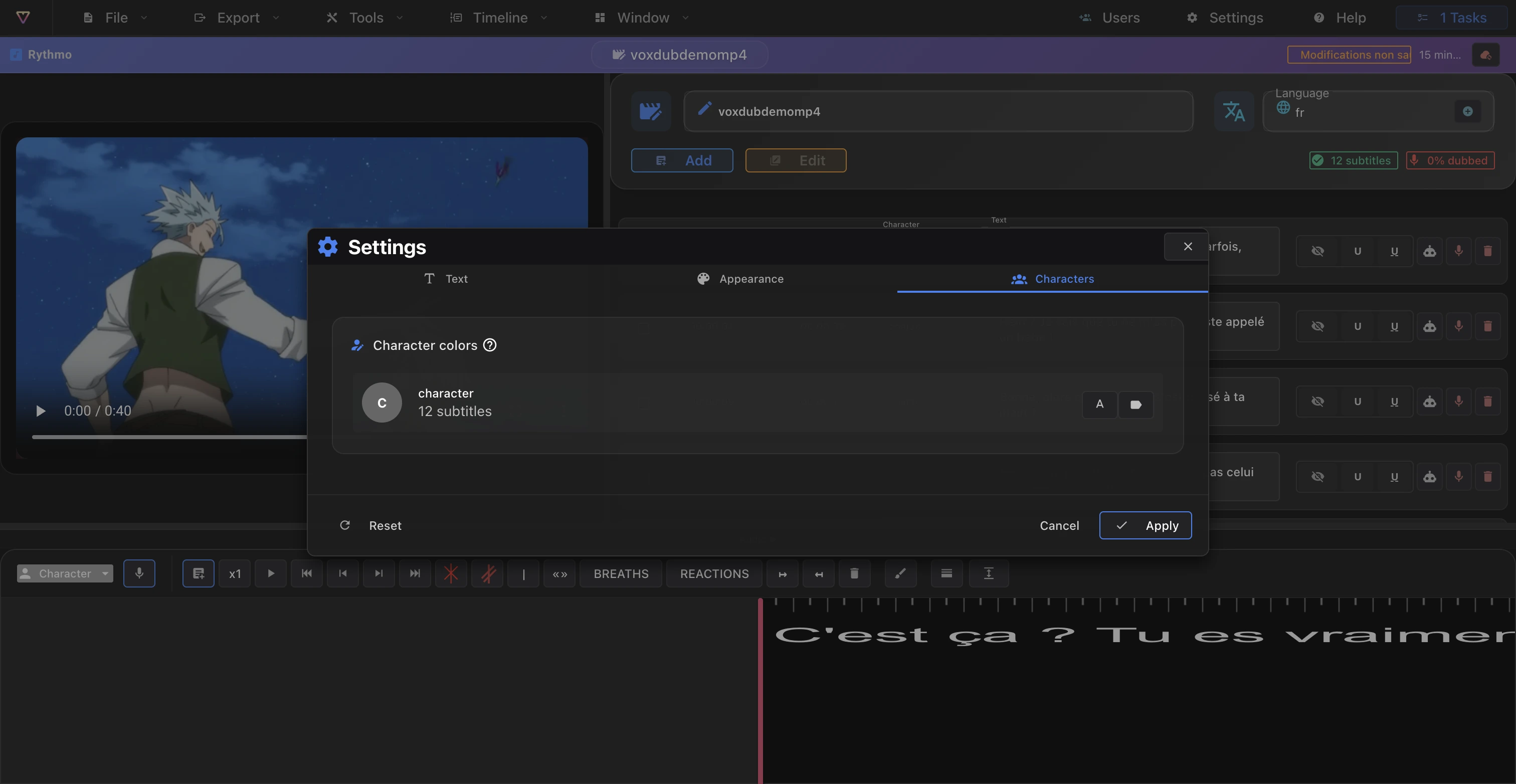Editor Settings dialog, Characters tab, with per-character text and badge color pickers
