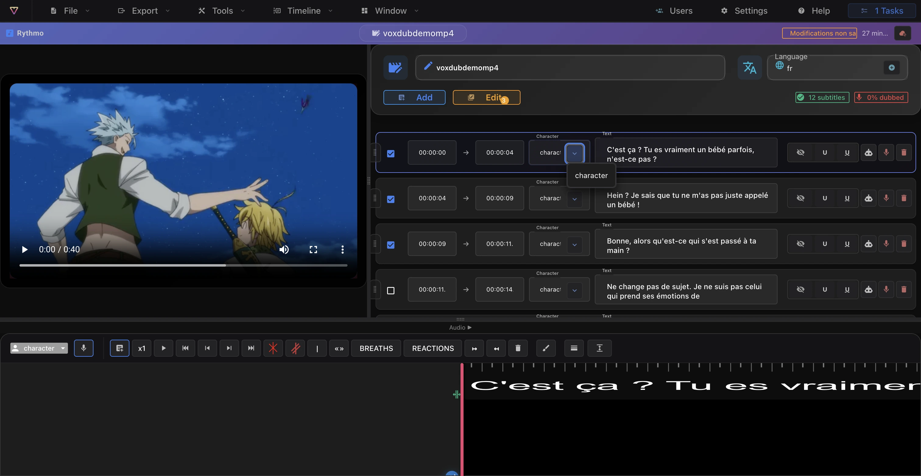 The script panel with several lines selected and the Edit button showing a count