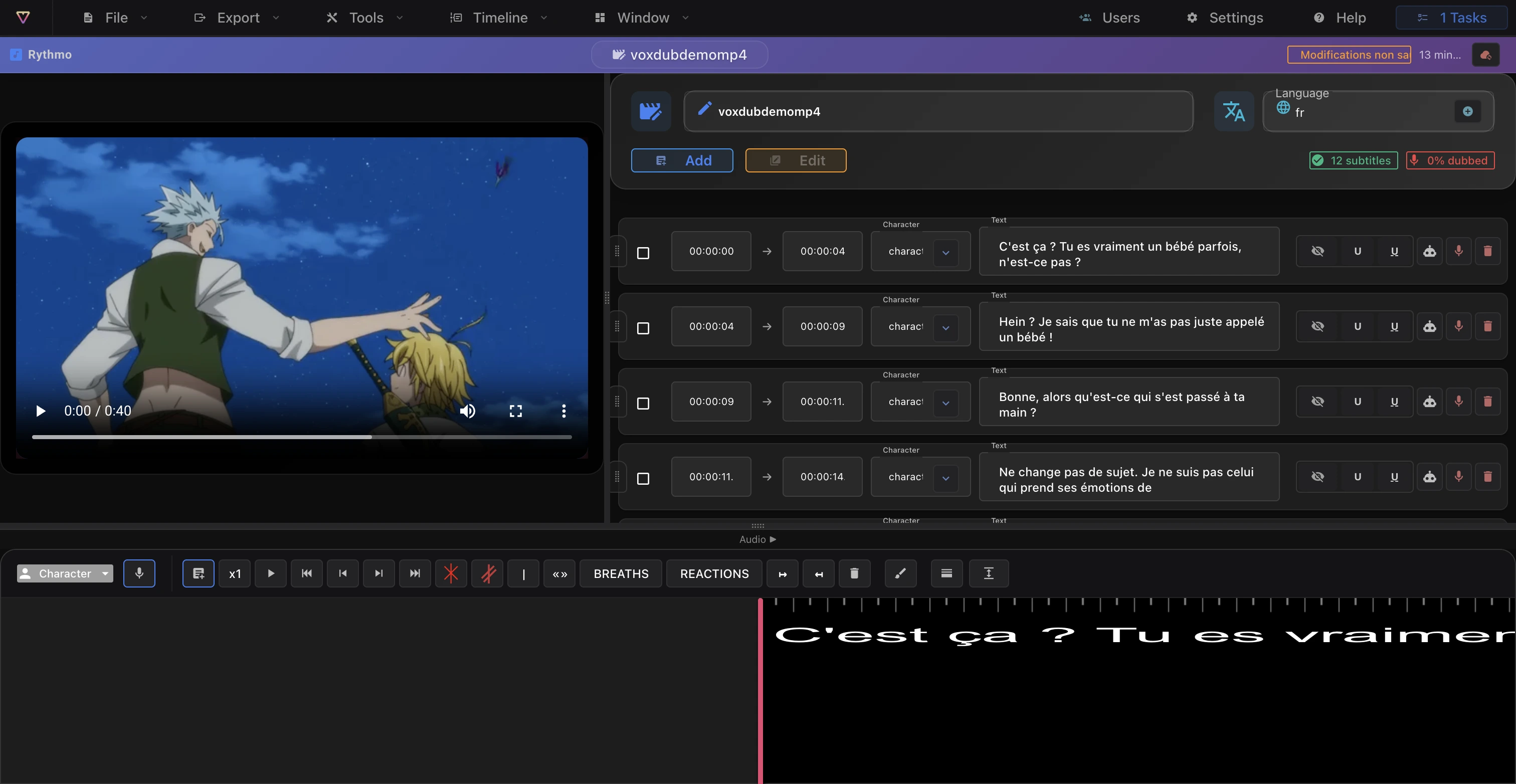 A script-panel line with the per-line speed-rate slider