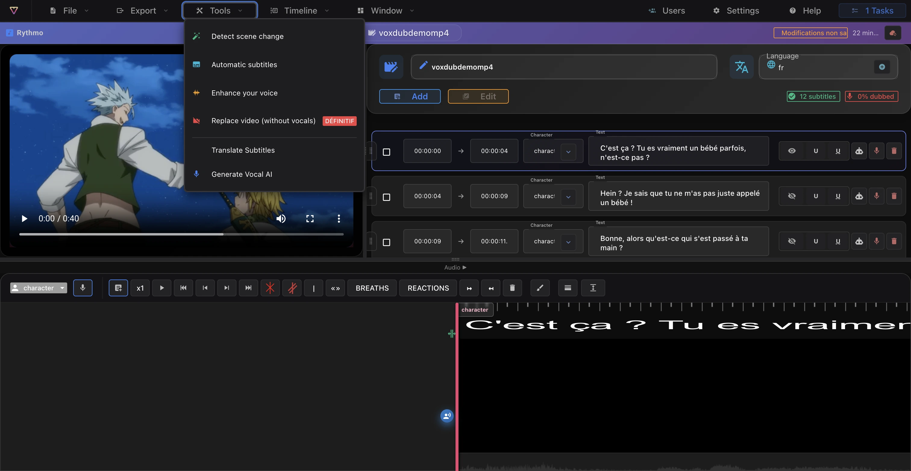 Le menu Outils avec l'option Remplacer la vidéo (sans voix) mise en évidence